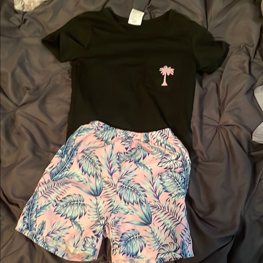 Black Tee with Pink Palm and Tropical Shorts